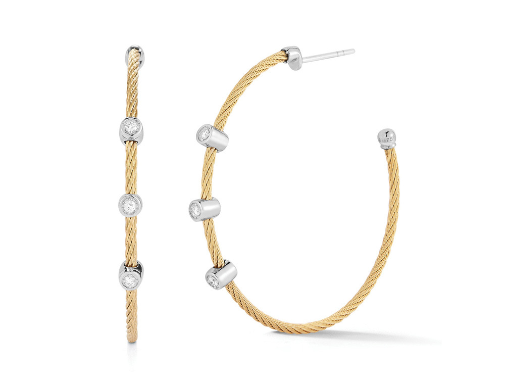 Three Diamond Station Twisted Cable Hoop Earrings