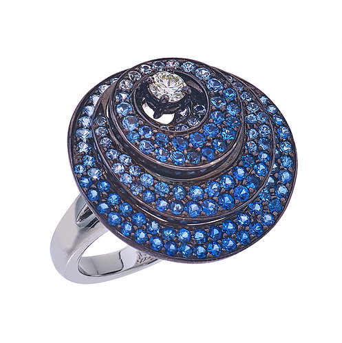 Closeup photo of Three Layered Circle Sapphire Ring With Diamonds