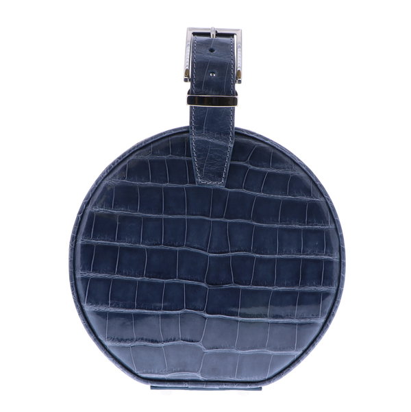 Closeup photo of Slate Blue Alligator Hat Box Chain Bag