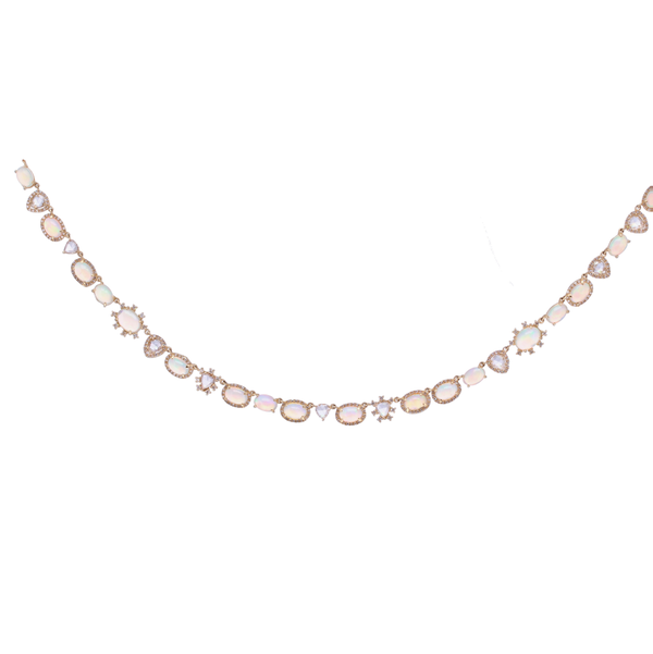 Closeup photo of 14k Yellow Gold Opal and diamond slice collar necklace