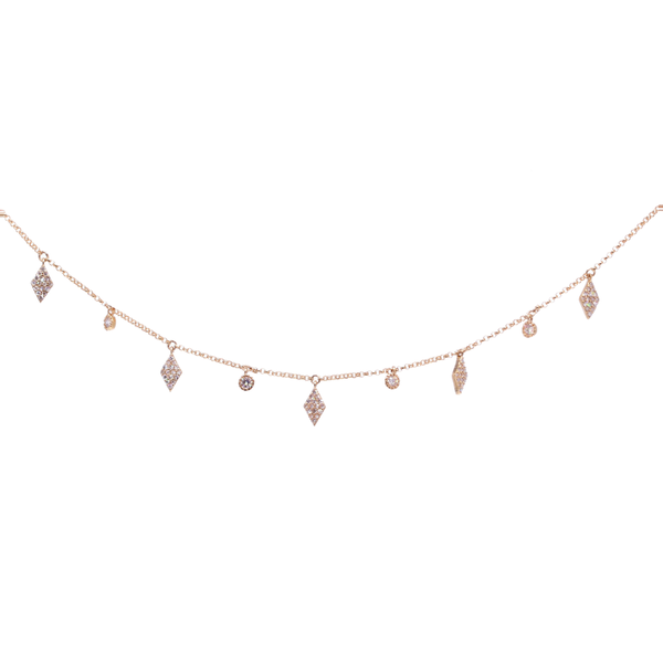 Closeup photo of Fringe 14k Yellow gold chain with diamond shaped charms and diamonds