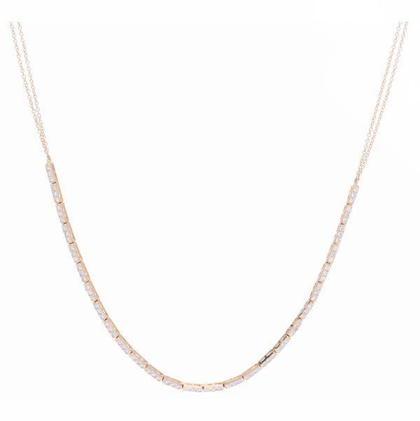 Closeup photo of Small 3 Diamond Bar Choker with Diamonds. 14K Yellow Gold