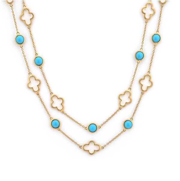 Closeup photo of Bezel Set Stone Chain With Alternating Elongated Clovers | JudeFrances